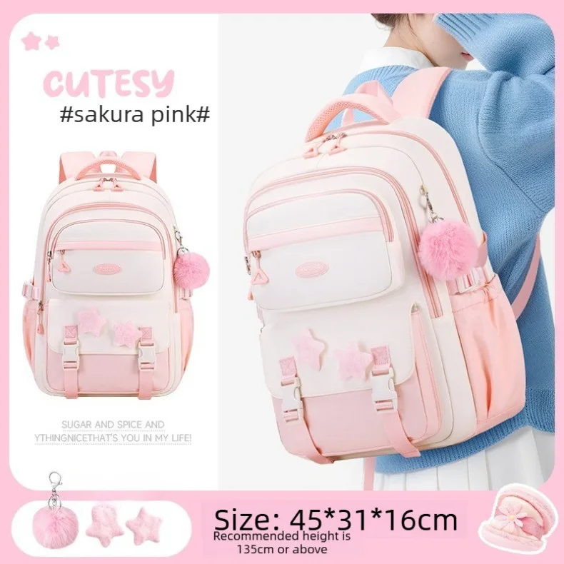 Primary Middle School Backpack for Girls Cute Backpack for School Pink School Bag for Teen Girls with Star Pins Furry Pendant