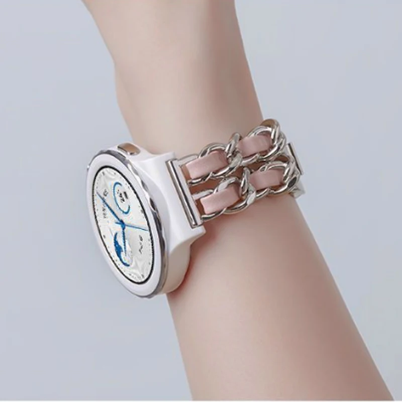 Leather+Stainless Steel Chain Watchband for Huawei Gt3 Pro 43mm 20mm Fashion Bracelet Strap for Gt2 42mm/GT3 42mm Smartwatch