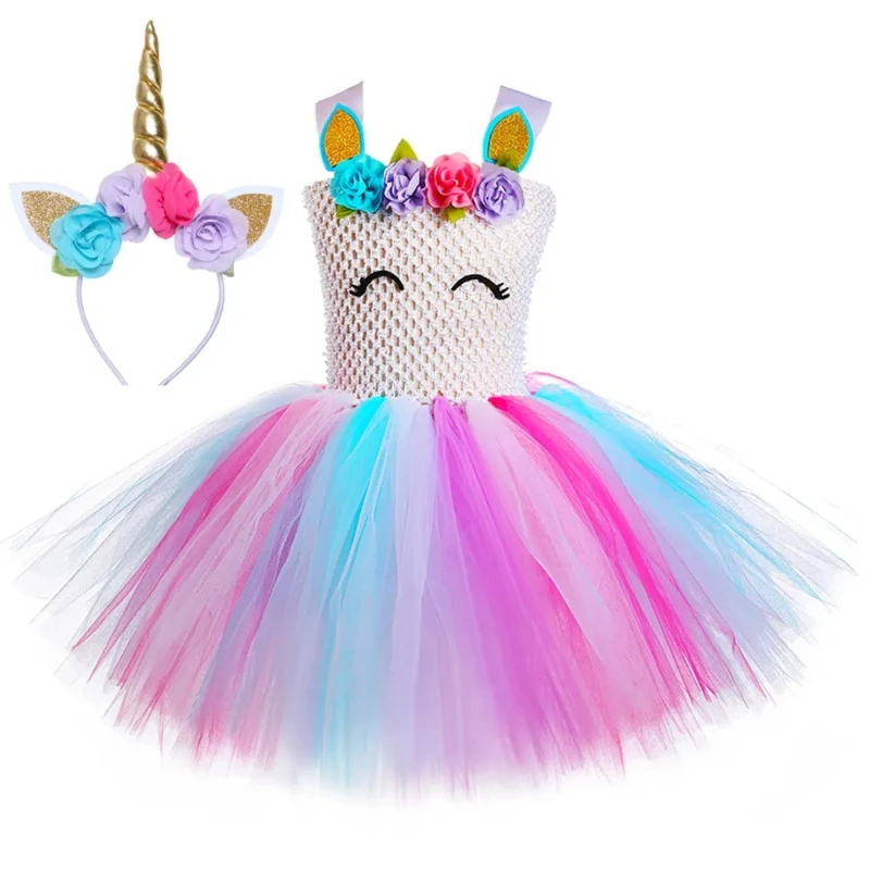 Toddler Girls Unicorn Costume Kids Halloween Birthday Party Tutu Dress Up Outfit for Girls Pastel Flowers Unicorn Princess Dress