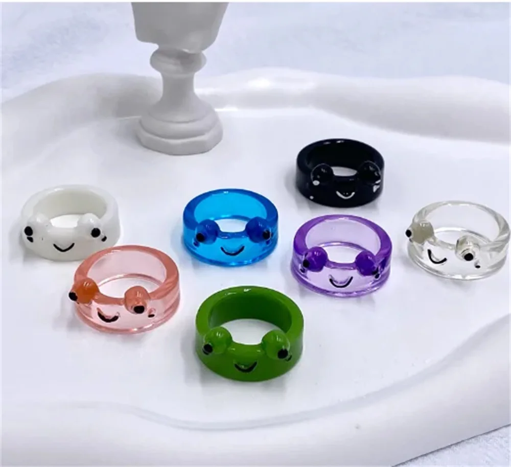 Cute Smile Frog Transparent Rings for Women Girls Funny Personality Wholesale Cartoon Animal Kawaii Ring Fashion Jewelry Gifts