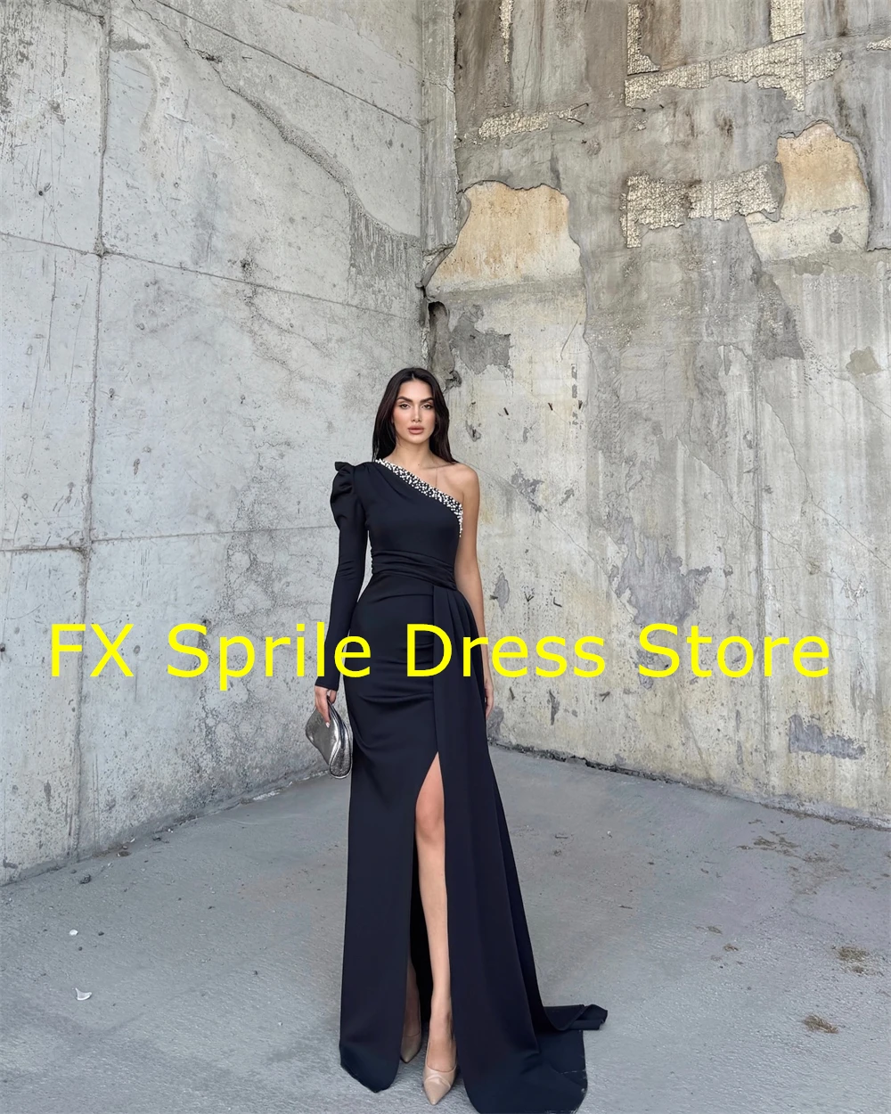 CustomizedCustomized Graceful Black Jersey Evening Dress Forma Boat Neck One Shoulder Long Sleeves Party Dress Modern Celebrity  image 6