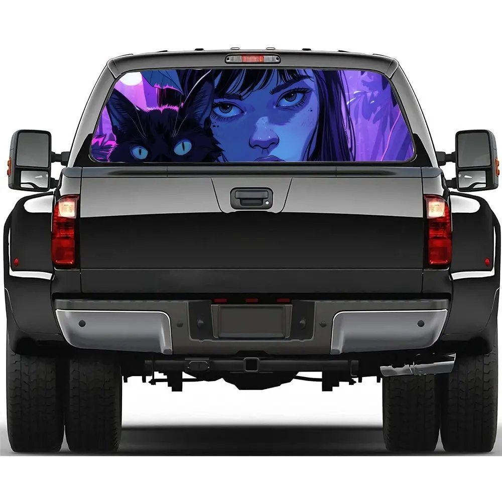 

Comic Girl and Black Cat with Sharp Gaze，Gift, Car Vinyl Wraps, Car Rear Window Sticker, Splash-Resistant, Easy Removal, Durable