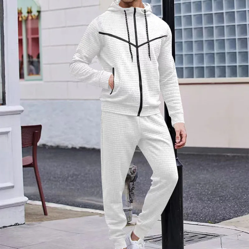 Hoodie Jackets Men Sweatshirts Sets Spring Autumn Clothes Hoodies+Pants Outdoor Casual Suits Jacquard Small Square Tracksuits