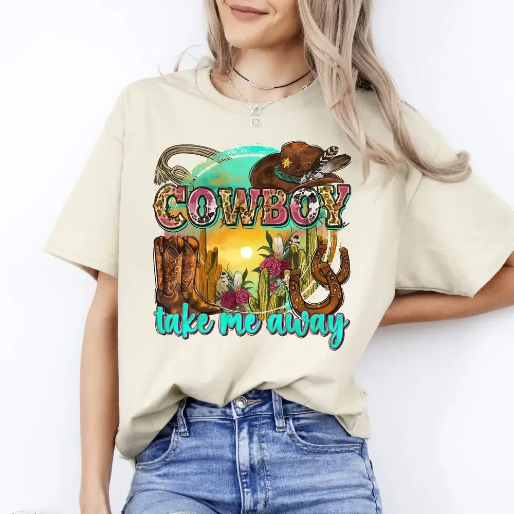 Camiseta de Cowboy take me away Unisex, botas occidentales de Texas, sombrero de cactus, camisetas de arena blanca, manga corta de verano