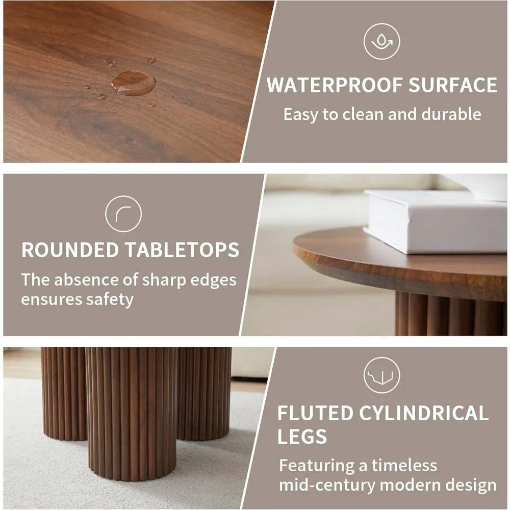 Tri-Level Nesting Coffee Table Set in Mid-Century Modern Style, Fluted Coffee and End Table Duo, Compact Circular Wooden Side Ta