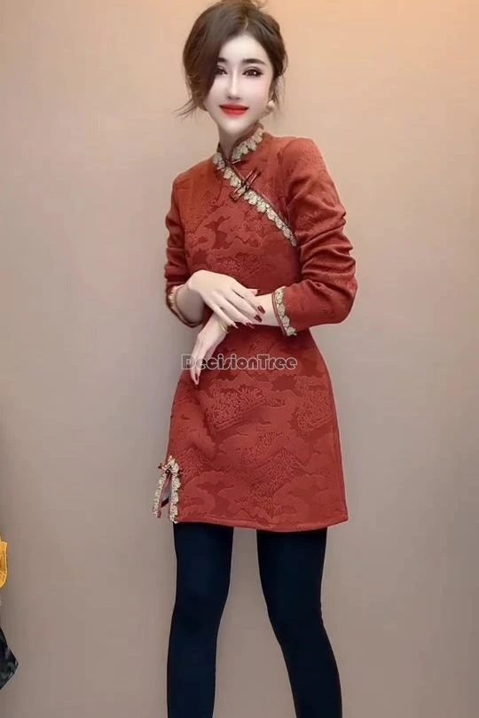 

Новое платье-ципао из флиса с жаккардовым узором, в стиле ретро, элегантное, с воротником-стойкой, длинным рукавом, для осени и зимы 2025 года