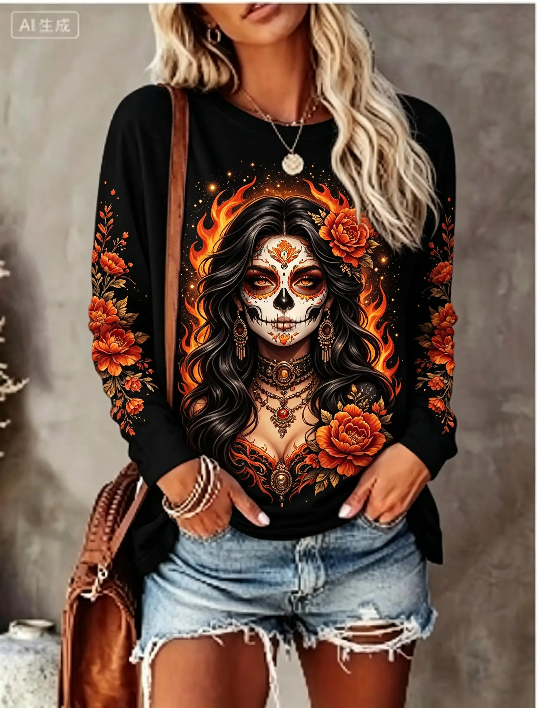 Women's Halloween Top Black Sugar Skull Catrina Flower Long Sleeve T Shirt image 2