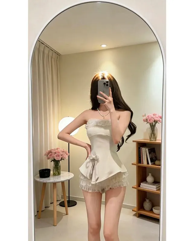 

Korean Style Knot Slimming Tube Top And Mesh Skirt Set Early Autumn New Arrival Pure Desire Goddess Fashionable Cas...