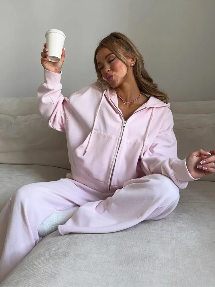 여성용 솔리드 컬러 캐주얼 레이스업 투피스 세트 패션 포켓 가디건 후드 코트 롱 팬츠 수트 가을 겨울 여성복