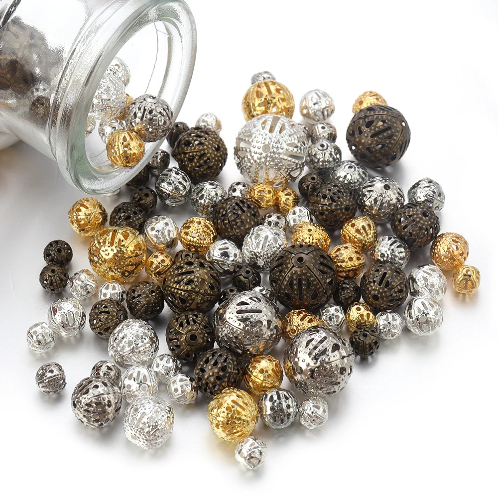 50-100 Stücke 4/6/8/10/12/14mm Hohle Blume Metall Perlen Runde Lose Spacer Perlen für Schmuck Machen DIY Charms Armband Erkenntnisse