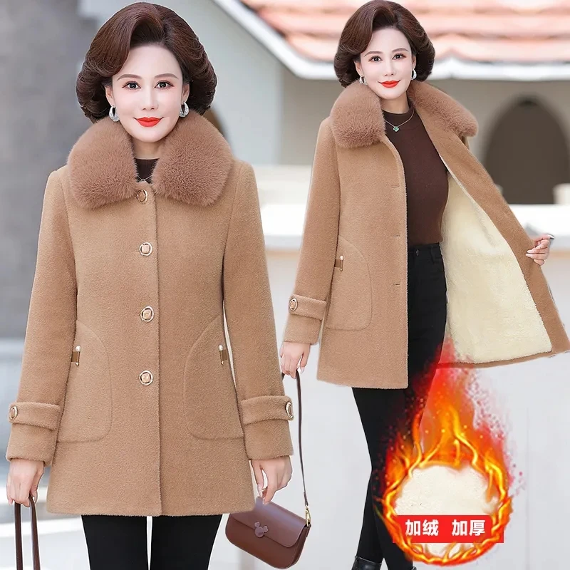 Winter Velvet Faux Mink Fur Jacket New Fashion Fur Collar Mid Long Woolen Coat Middle Aged Women Cotton Padded Jacket Outerwear