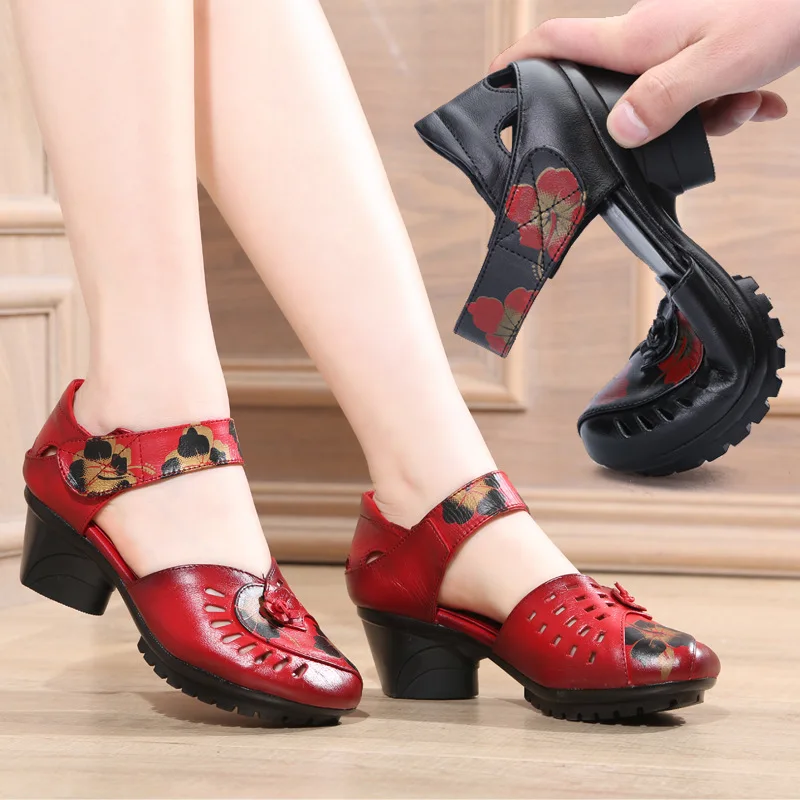 

Comfortable Thick Heel Sandals Women's Shoes Ethnic Style Slip-On Mom Shoes Soft Bottom Easy-On Spring Summer New Arrival