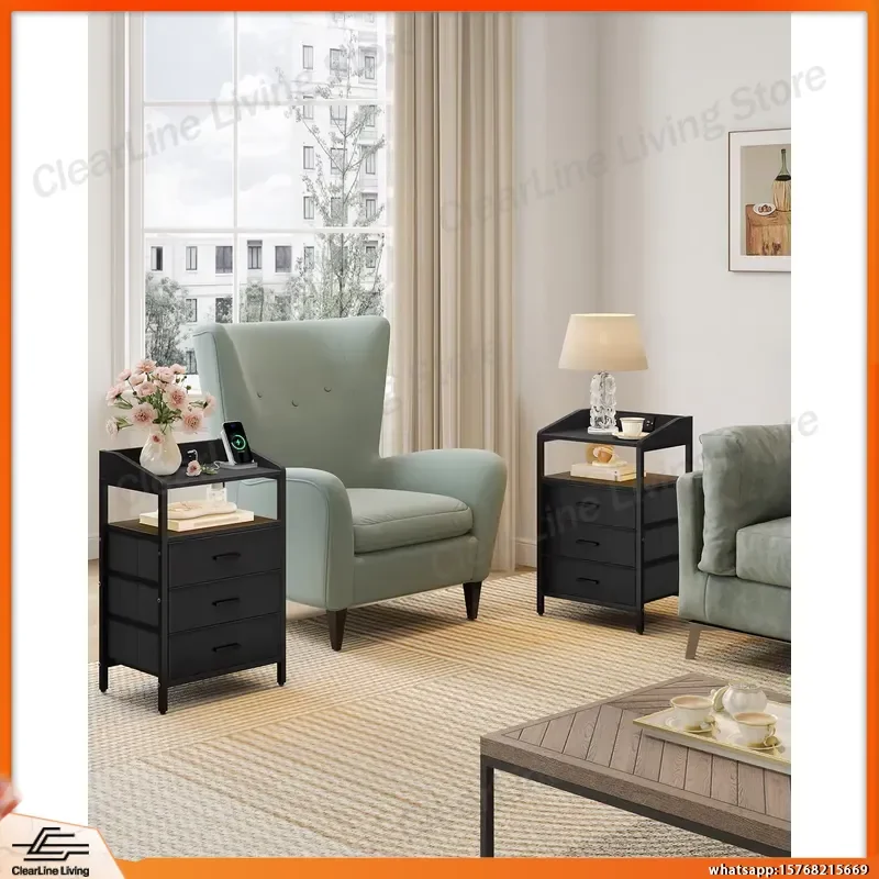 LED Bedside Table with USB Charging Station 3 Fabric Drawers Shelves Nightstand for Bedroom Home Office Dorm Room Study Desk