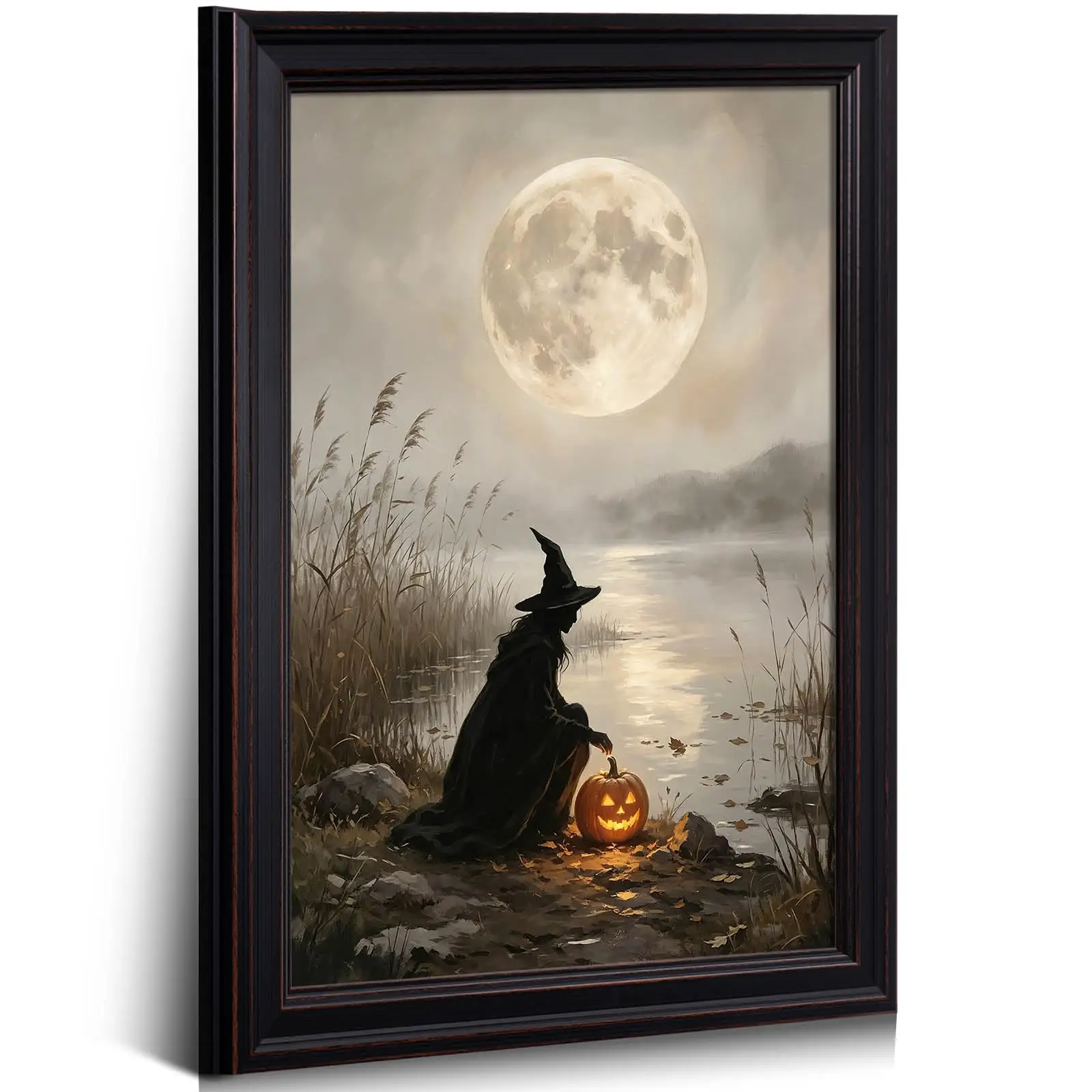 Crouching Witch Silhouette By Lake Wall Art Giant Pale Full Moon Jack O Lantern Canvas Print Muted Foggy Autumn Marsh Spooky