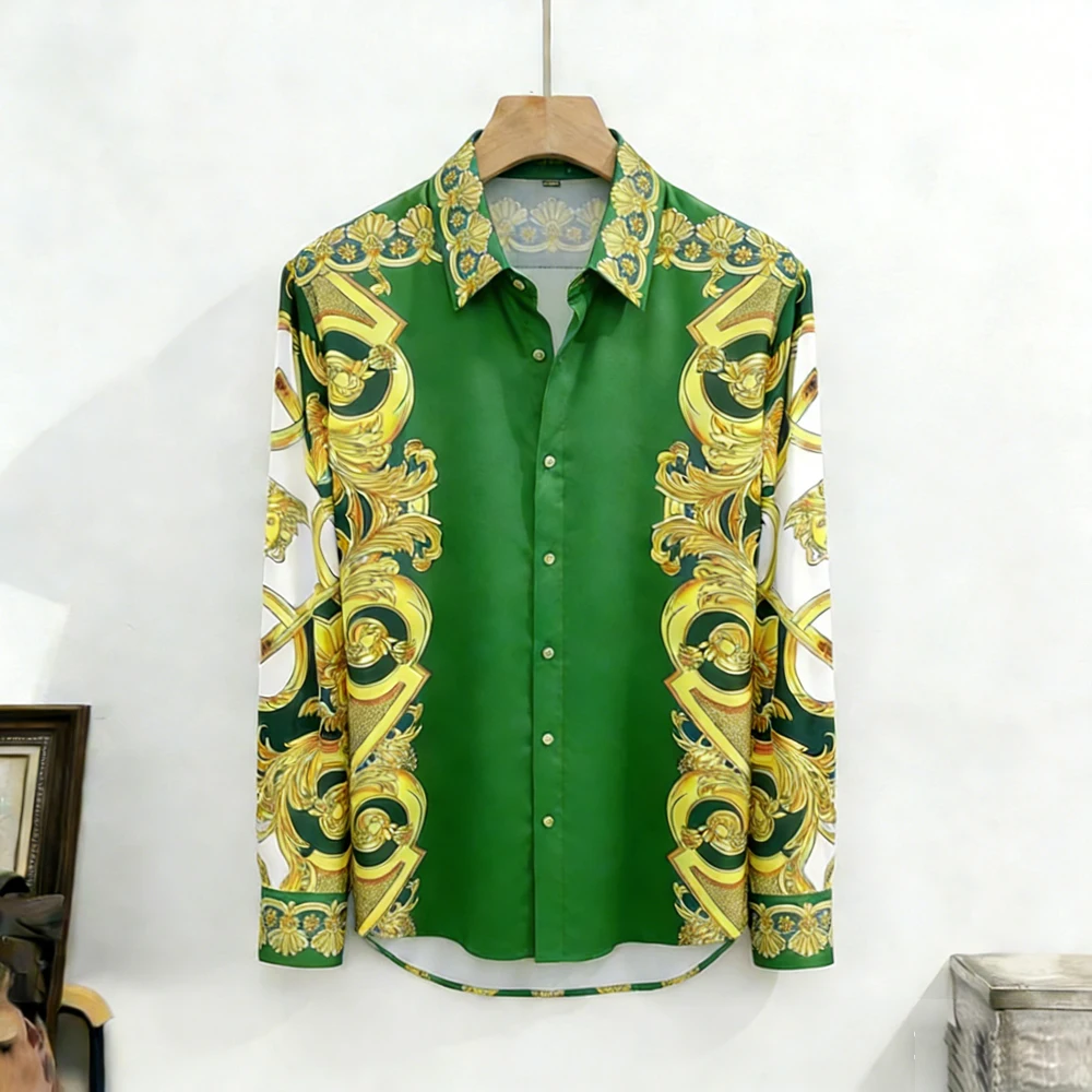 Men's French Colorful Long Sleeve Shirt European Scroll Pattern High-definition Printed Shirt Hawaiian Wedding Men's Clothing