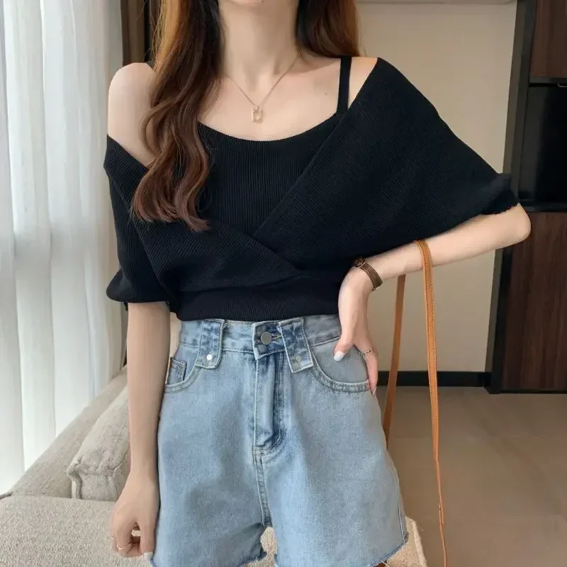 

Поддельные пуловеры из 2 предметов, женские темпераментные женские повседневные винтажные пуловеры с открытой спиной, популярный корейский стиль, 6 цветов, универсальные однотонные, нежные в стиле Харадзюку