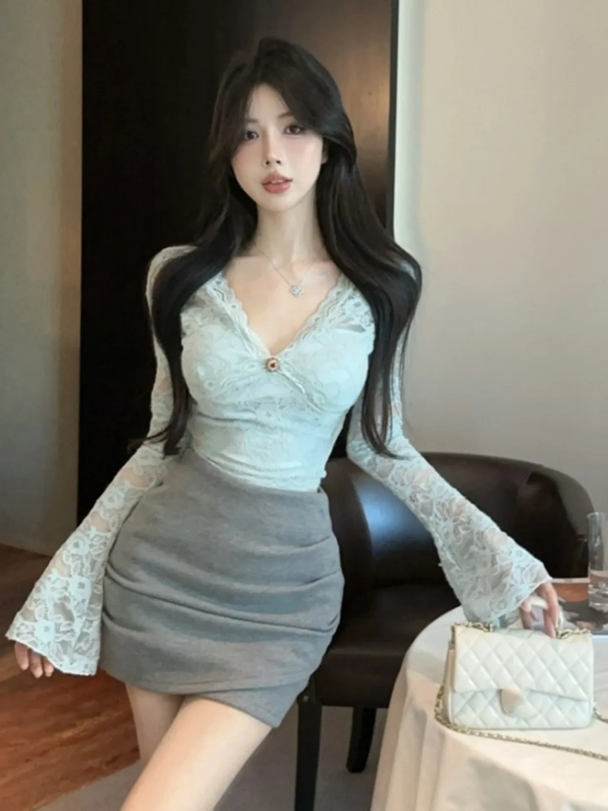 Ele Lace Crop Top And High Waist  Skirt Set Beautiful Sexy Two Piece Outfit for Autumn Faionable Sister Sle