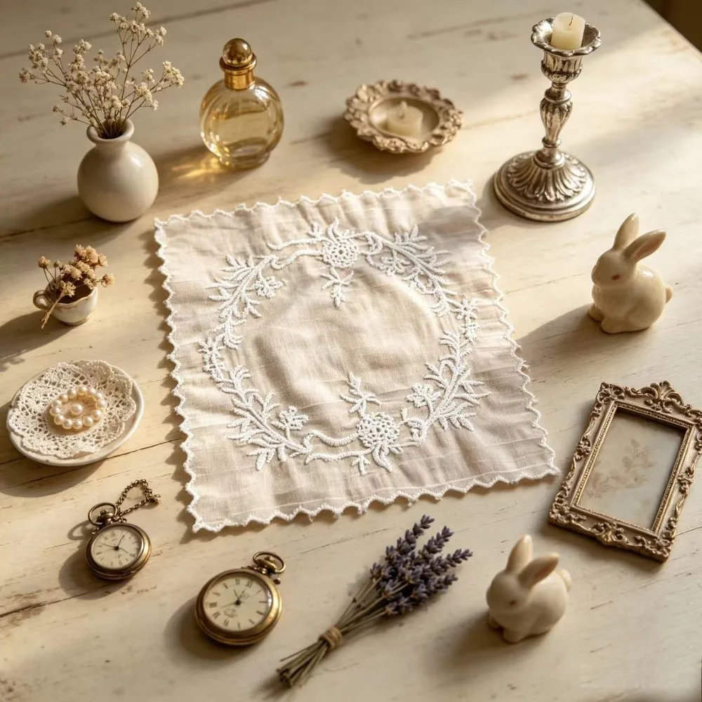 New Flower Embroidered Lace Placemats Lightweight Square Table Cup Mat French Soft Flounced Coasters Photo Background
