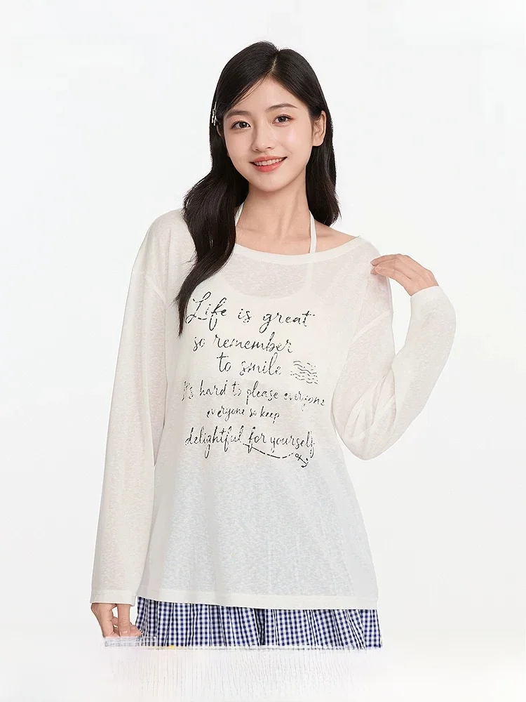 夏の女性のゆったりとした長袖プリントシャツ新鮮な韓国スタイル軽量カバーアップスイートホーム服若者ファッション