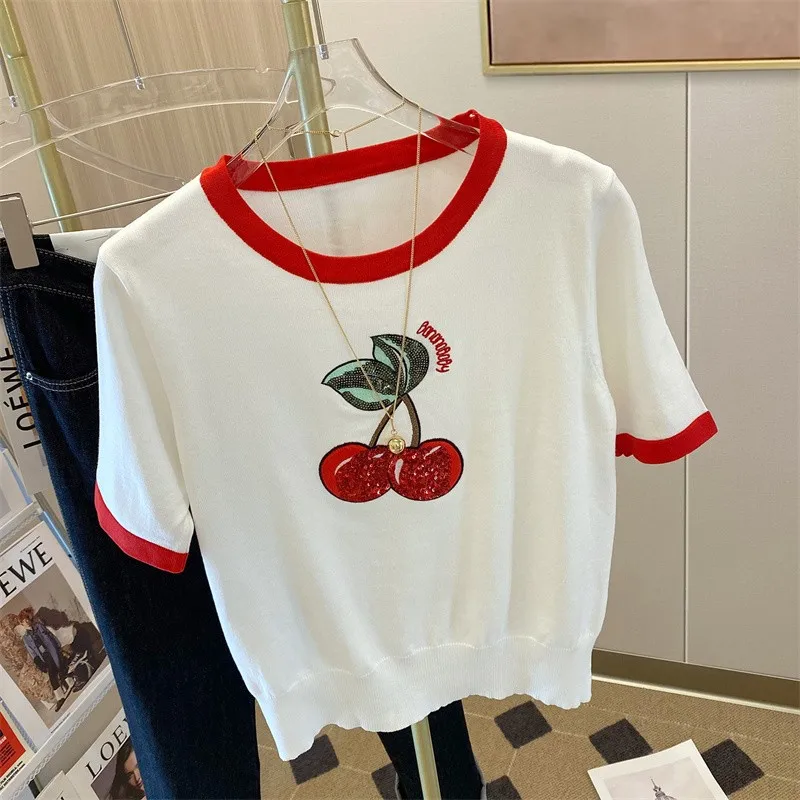 Summer Cherry Sequins Knit Sweater Tshirt Women 2024 Fashion Casual Embroidery Sweet Top Pullover Short Sleeve Loose Ladies Tops