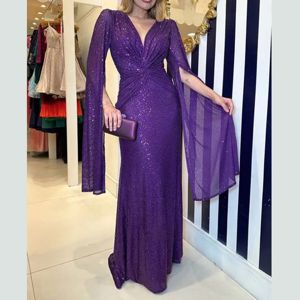 

Draped Sleeve Dress Deep V-neck Dress Party Dress Wedding Dress 70 Polyester, 30 Spandex For Weddings Long Sleeve