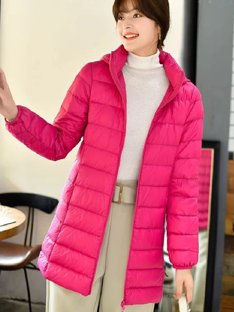 9 Colors Winter Womens Long Down Jackets Female Ultra Light Thin Casual Coat Puffer Jacket Slim Remove Hooded Parka