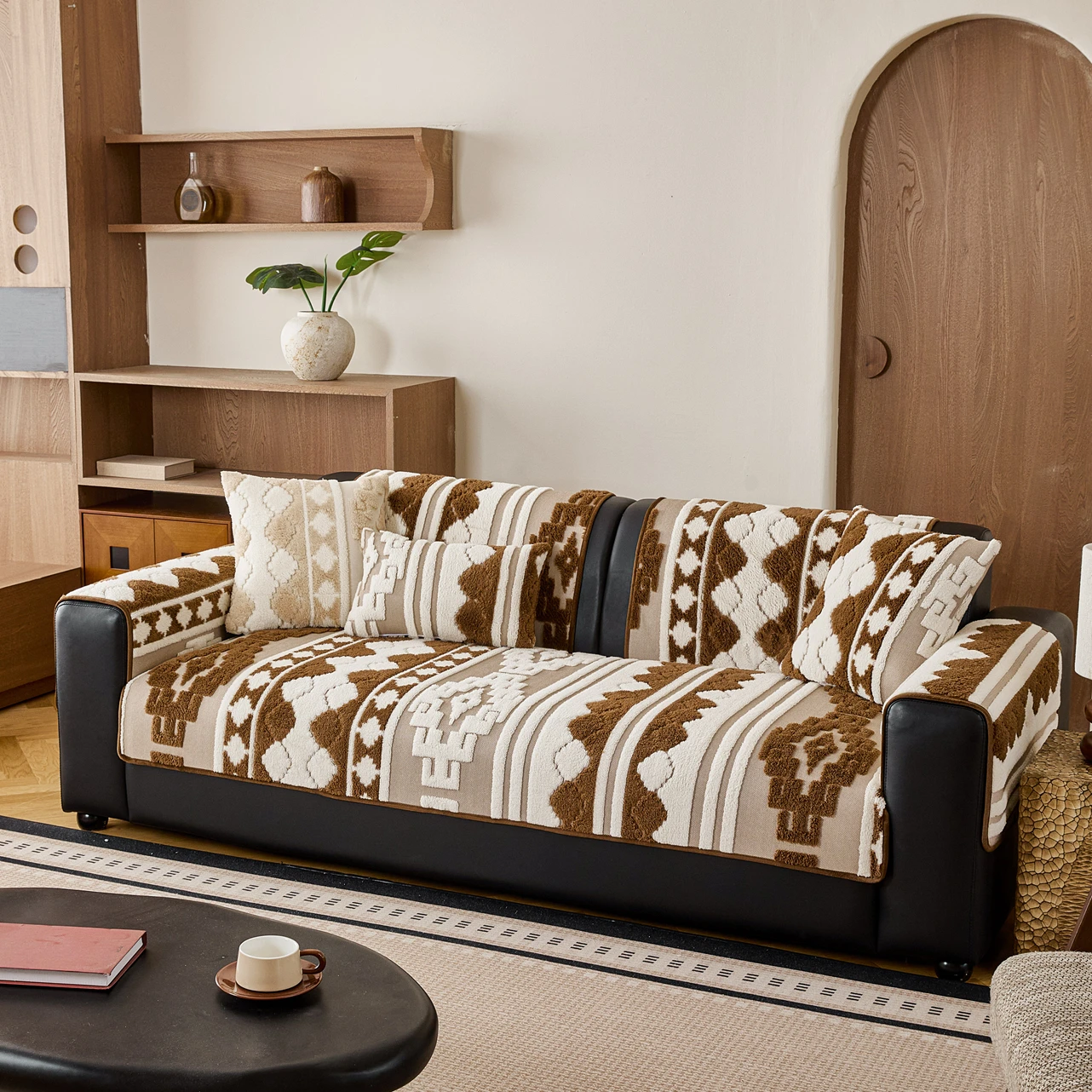 1PC Geometric Puzzle Thick Plush Sofa Cover Non-Slip Winter Couch Mat Pad Living Room Furniture Decoration Slipcovers Easy Care