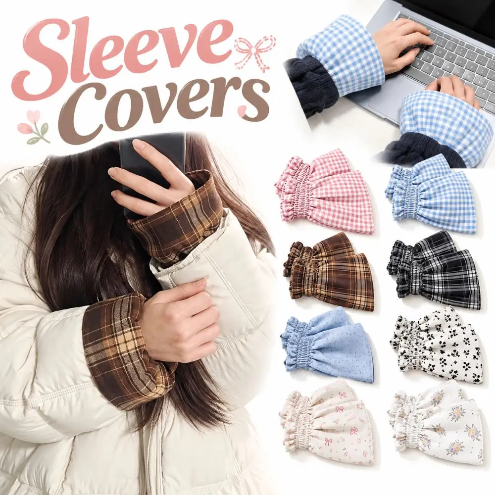 Floral Print Sleeve Covers Plaid Pattern Double-sided Detachable Sleeves Cuffs Soft Fabric Smocked Elastic Sleeve Guards Office