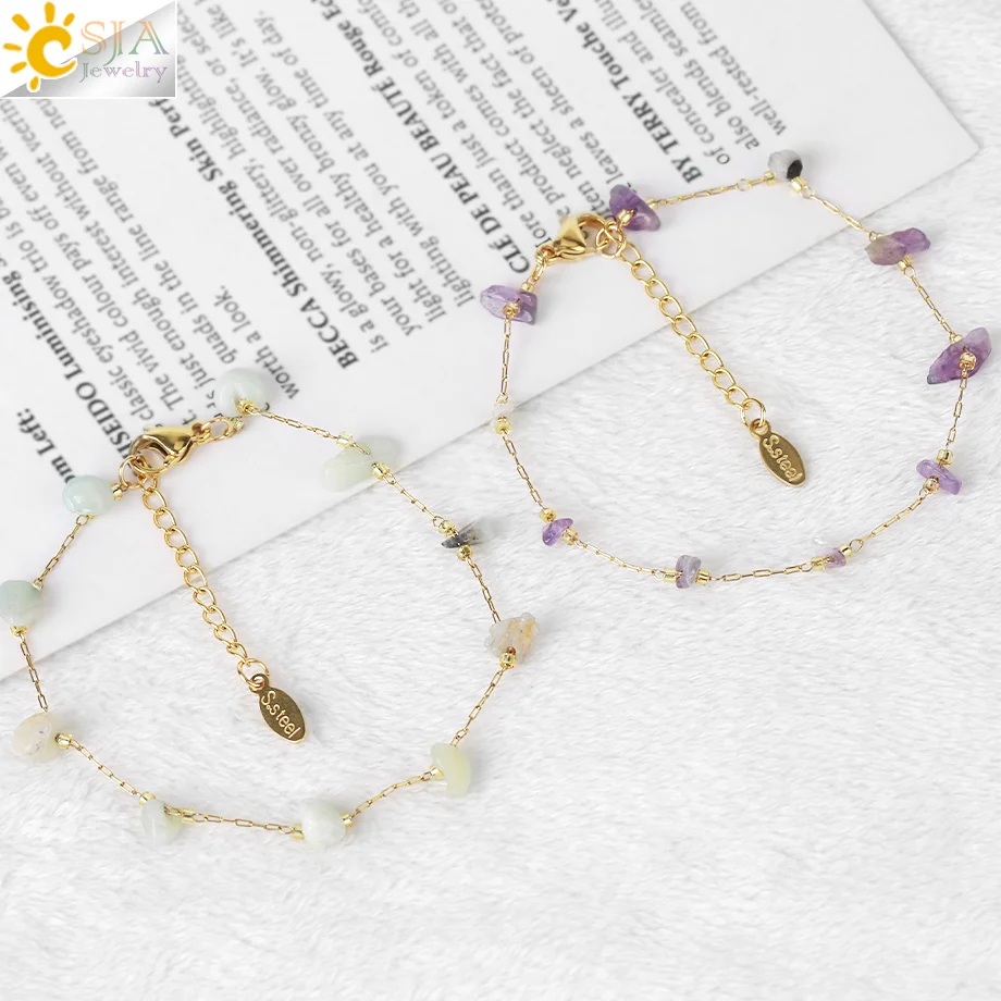 CSJA Reiki Chip Bead Bracelets Gold Color Stainless Steel Chain Natural Stone Pink Quartz Bracelet for Women Jewelry G925