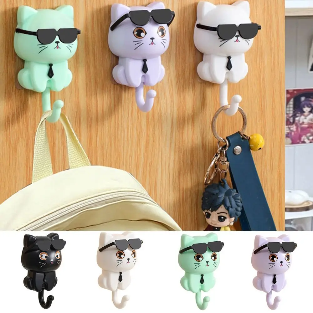 Cute Plastic Cartoon Cat Hooks Wall Hanging Waterproof Sunglasses Cat Hooks Decorative Key Hangers Entrance