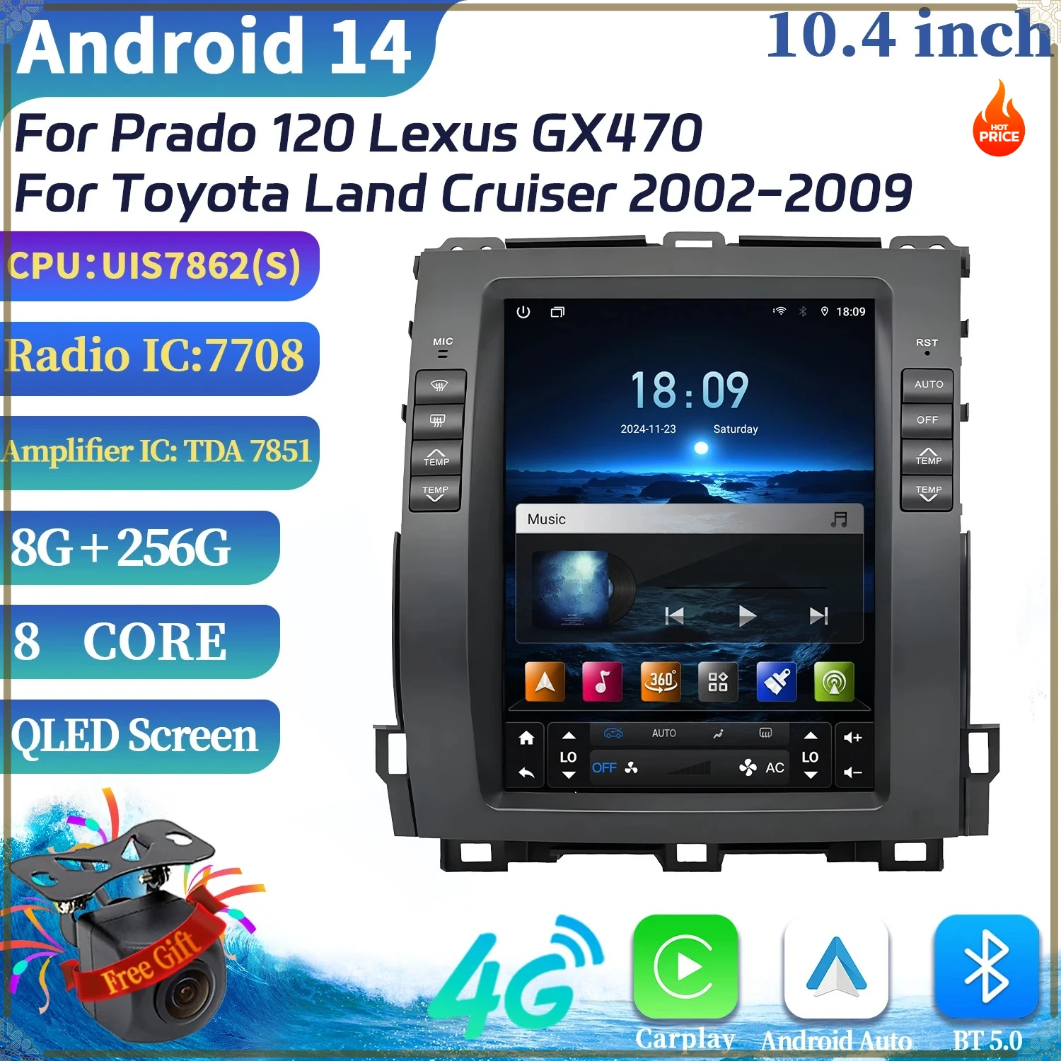 Para Prado 120 Lexus GX470, Pantalla Multimedia de 10.4 Pulgadas para Toyota Land Cruiser 2002-2009, Navegación Android, CarPlay, Radio para Auto, Estéreo
