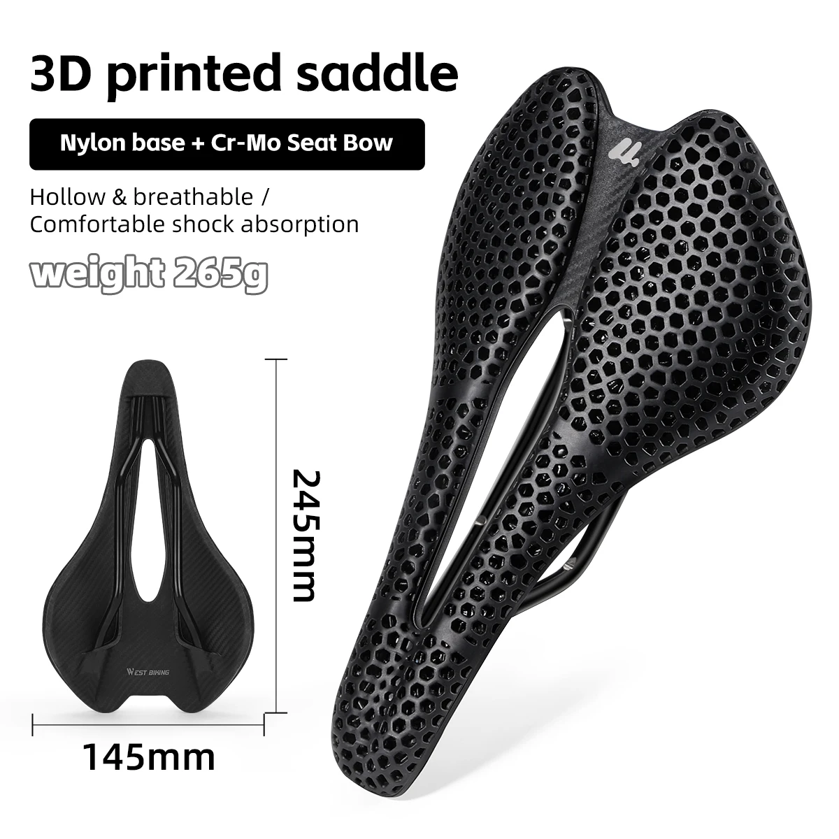 WEST BIKING 3D-geprint fietszadel T700 koolstofvezel/titaniumlegering/Cr-Mo zadelboog comfortkussen voor racefietsen 145/150 mm