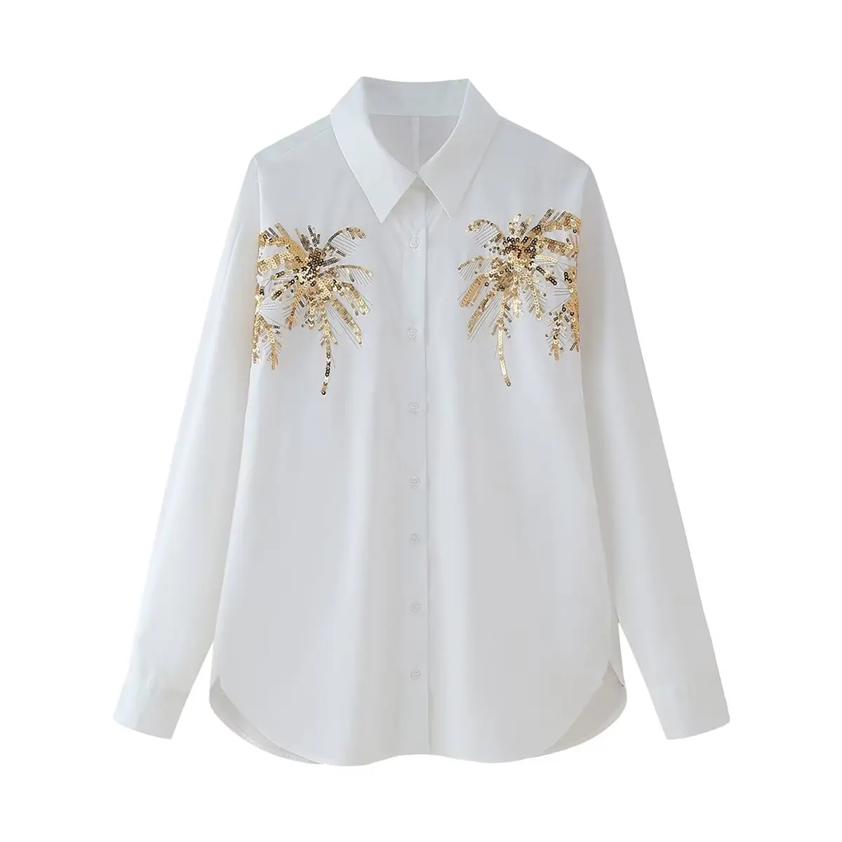 Women's 2024 New Chic Joker Casual Fashion Sequin Embroidery Decorative Blouses Retro Long-sleeved Button Blouses Chic Tops