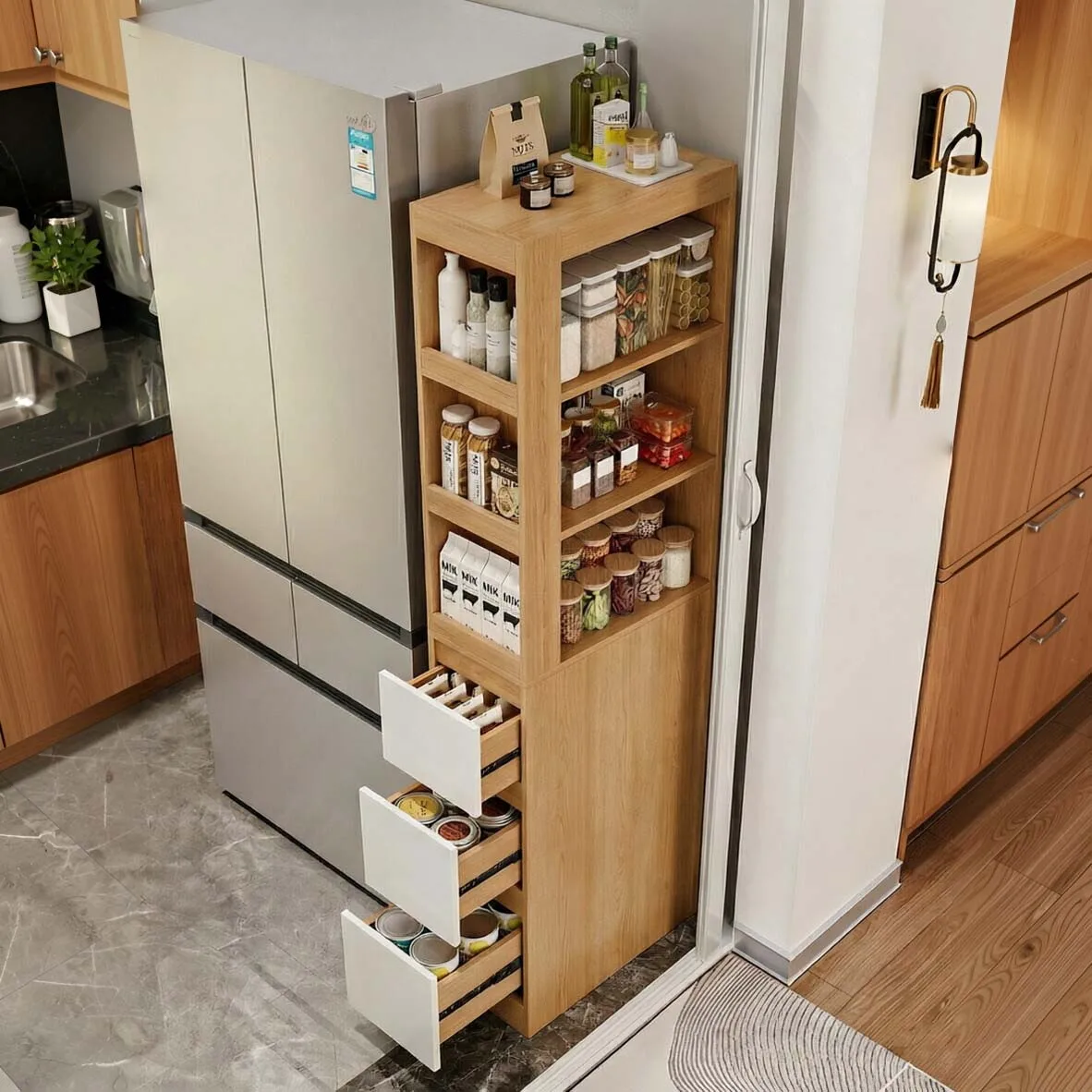 Narrow-edge storage rack, gap storage cabinet, refrigerator side multi-layer pull-out cabinet, kitchen gap storage rack