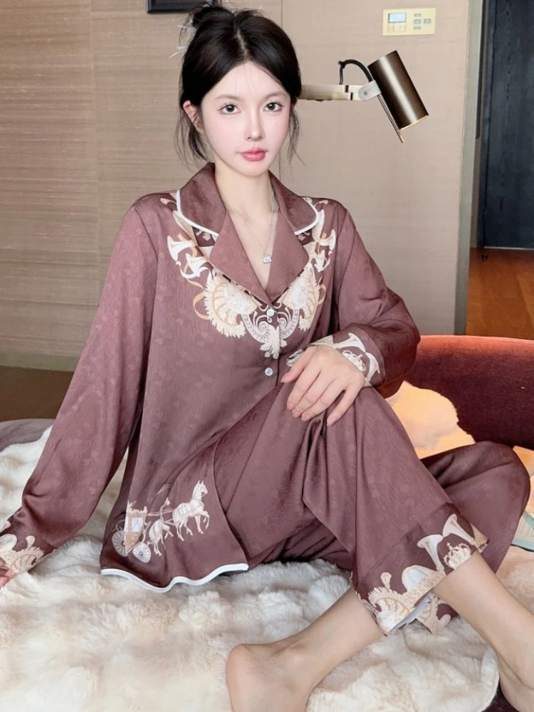 2024 Spring New Ice Silk Pajamas Women\'s Retro Chinese Style Long Sleeved Long Pants 2-Piece Set Light Luxury Home Clothing