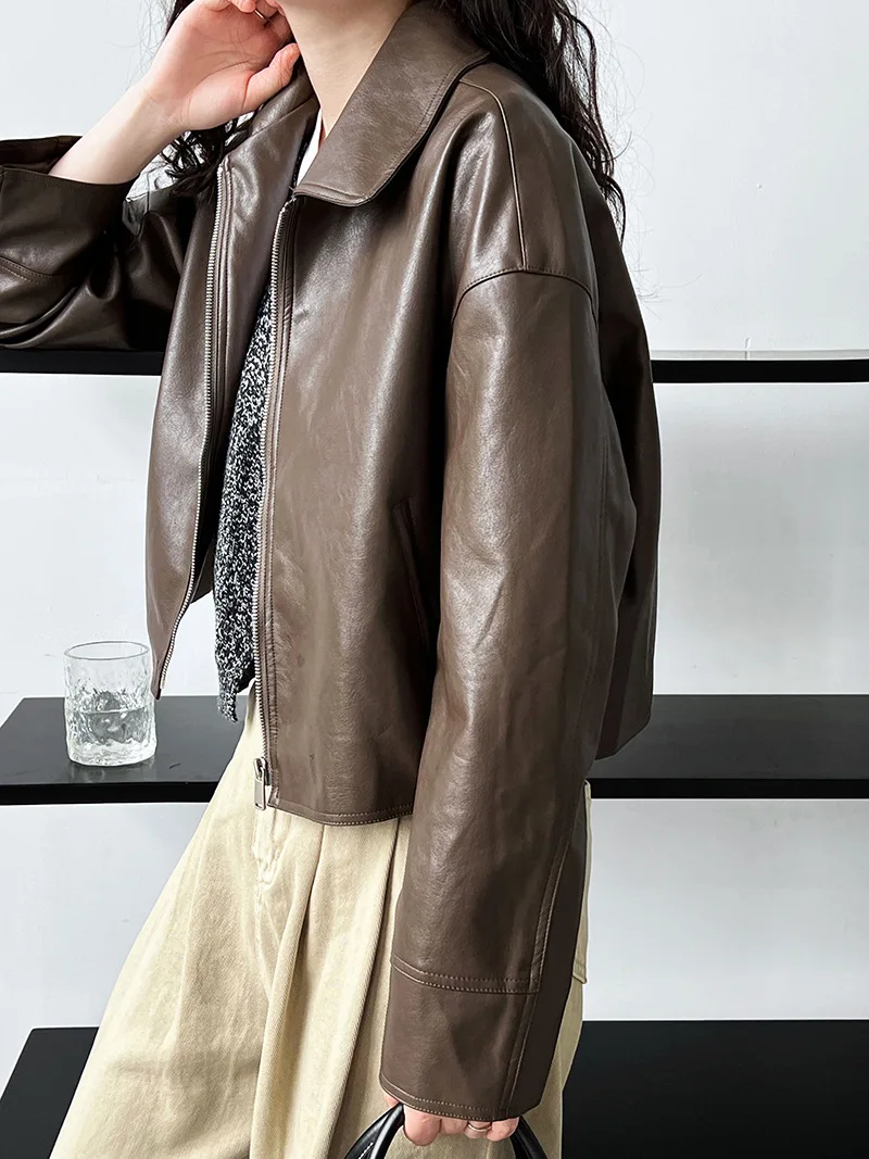 가을 신상 캐주얼 긴팔 라펠 오토바이 가죽 재킷 여성용