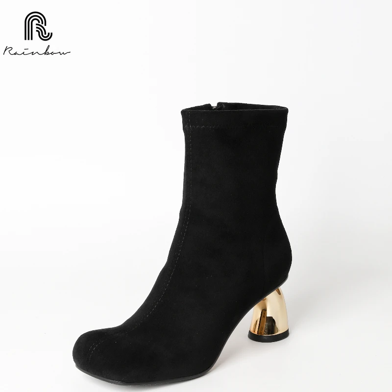 

RAINBOW 33-40 New European and American Irregular Gold Shaped Curved Heel Side Zipper Short Boots Women's Fashion Leather Botas