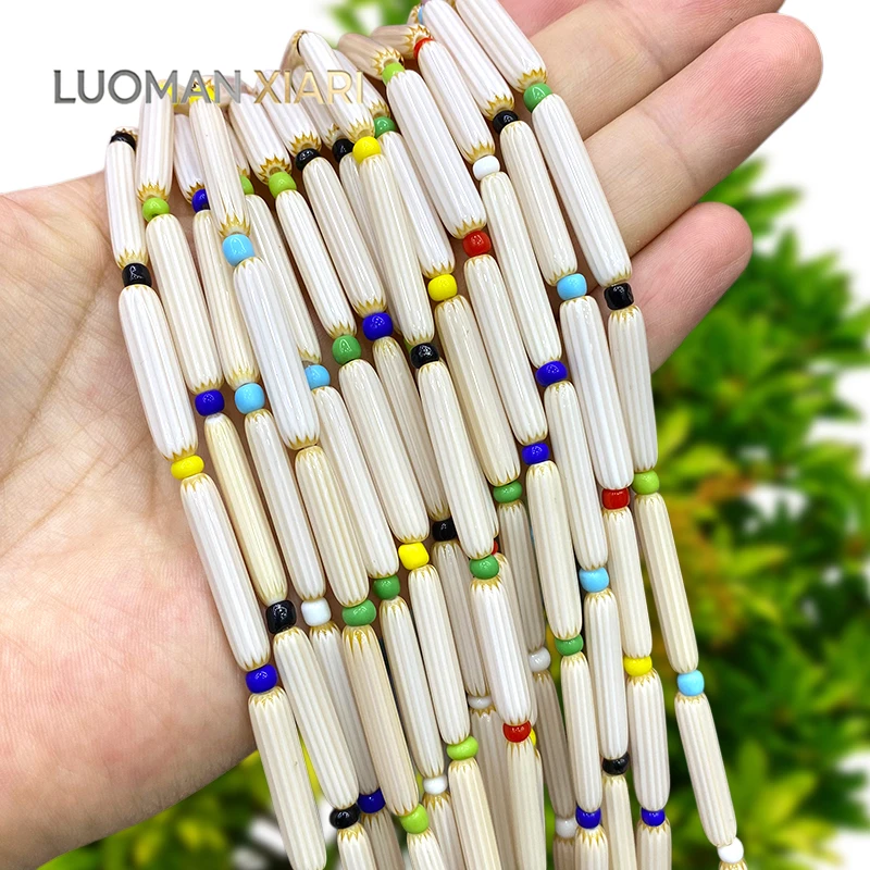 5x30mm weiße, reisförmige, handgefertigte, farbige Lampwork-Perlen, Liuli-Abstandshalterperlen für die Schmuckherstellung, DIY-Armbandanhänger, Zubehör
