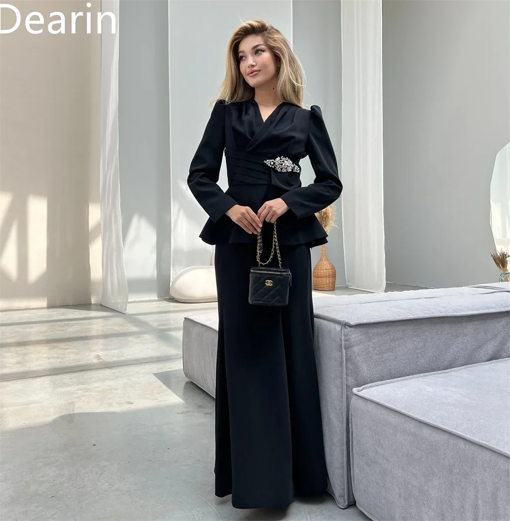 Vestido formal personalizado dearin com decote em v coluna até o chão saias drapeadas em camadas miçangas vestidos de ocasião sob medida baile de formatura noite ir