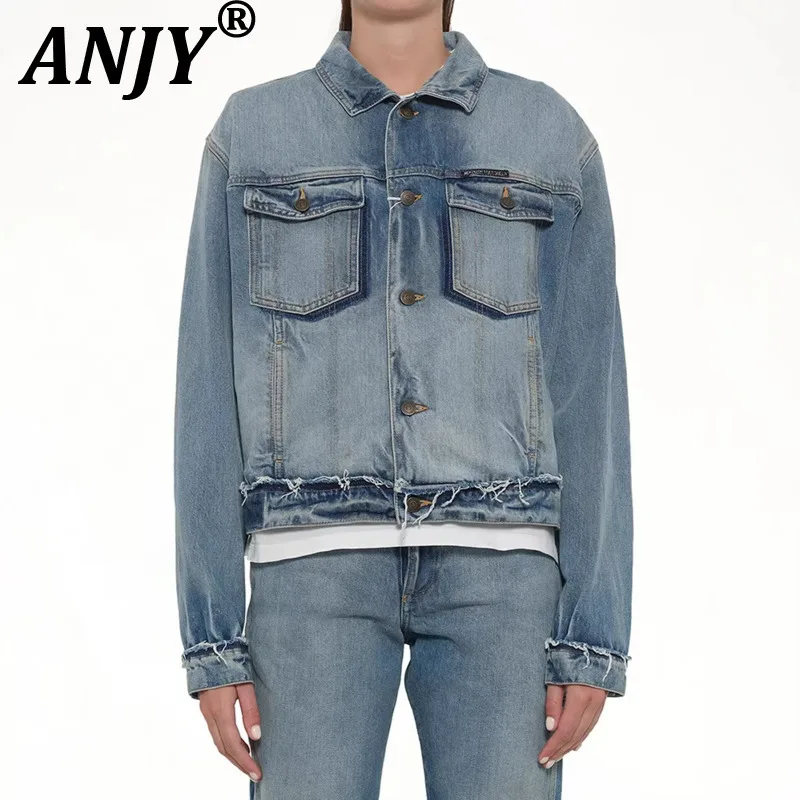 

ANJY Новая женская джинсовая куртка в американском винтажном стиле с эффектом потертости и рваными краями, стильный нишевый дизайн, модель A22209