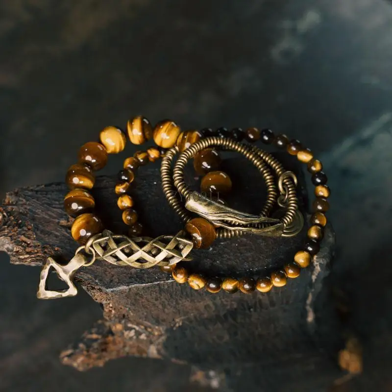 H Gelang Multi Lapis Batu Mata Harimau Kuning Retro Kit Perhiasan Gelang Ceruk Serbaguna Kepribadian Pria