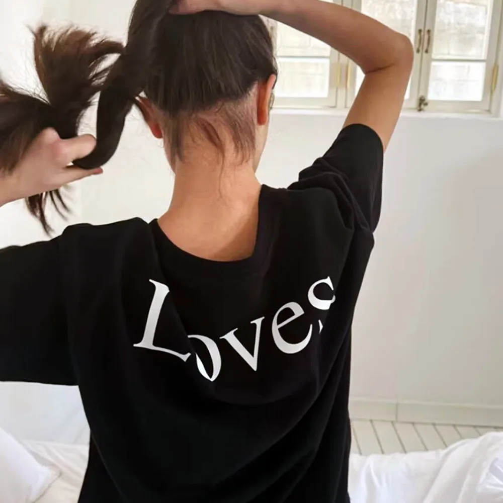 Liebt Buchstaben Druck Schwarz Baumwolle T Shirts Sommer Kurzarm Lose Beiläufige Tops Tees 2026 Sommer Neue Crewneck Einfache T-shirt