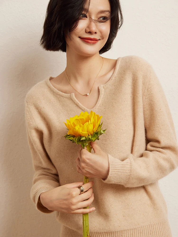 

Chic Women's Autumn Winter V-Neck Pullover Skirt Set 100% Cashmere Soft Sweater Luxury Office Lady Knitwear Grace Casual Suit