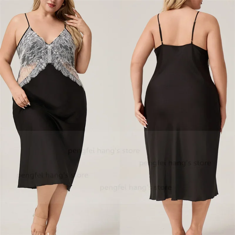 

Сексуальная одежда для сна с кружевной отделкой, нижнее белье из ледяного шелка, костюм, осенняя одежда для дома, ночная рубашка, халат размера плюс 3Xl 4Xl 5Xl, черное атласное кимоно