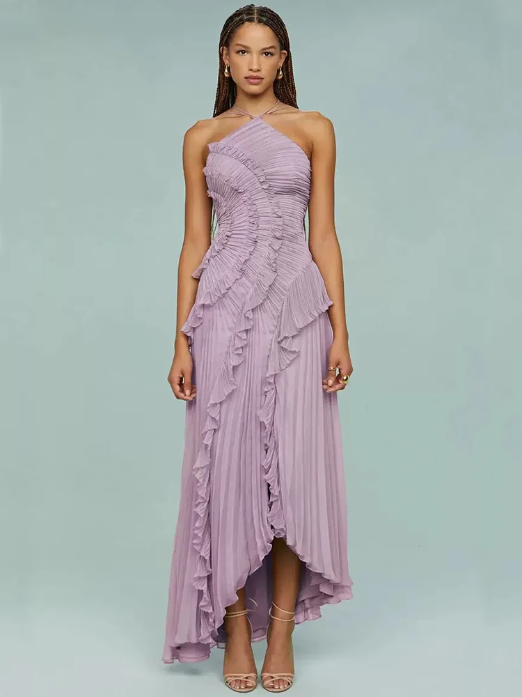 Women 2025 Solid Spliced Ruffles Folds Elegant Dress Halter Sleevelesss High Wasit Irregular Long Dress Female Formal Long Dress