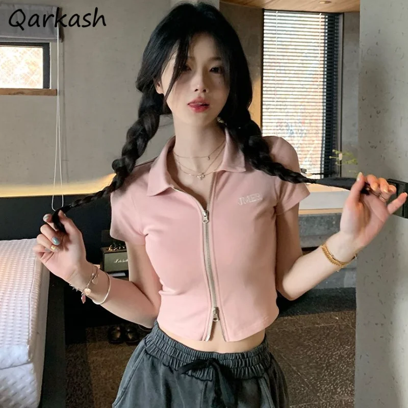 4-kolorowe koszulki dla kobiet Letter Crop Tops Summer Y2k Slim Fit Zipper Design All-match American Style Ins Casual Daily Chic