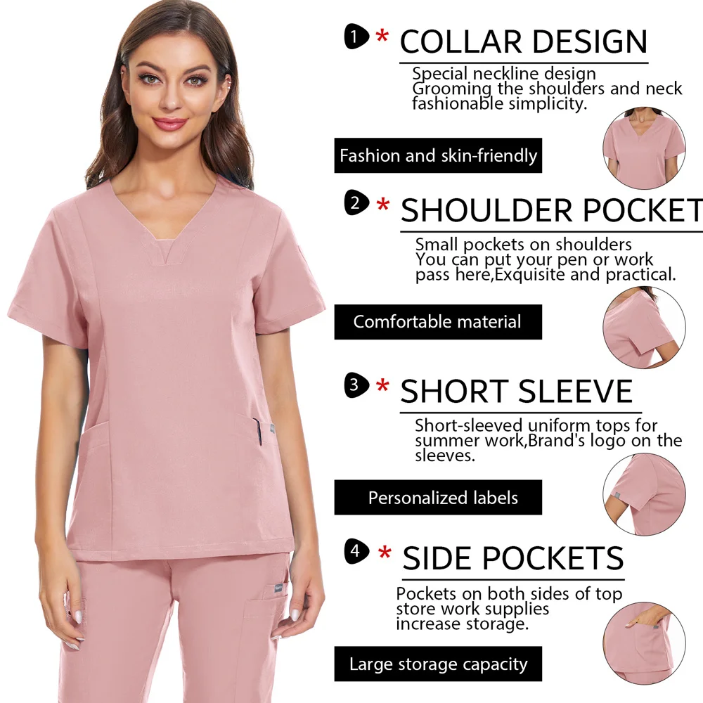 Dentist Scrubs Tops Nurse Uniform Women Short Sleeve Scrub Shirts Jogger Blouse Hotel Workwear Shirts Doctor Nursing Clothes