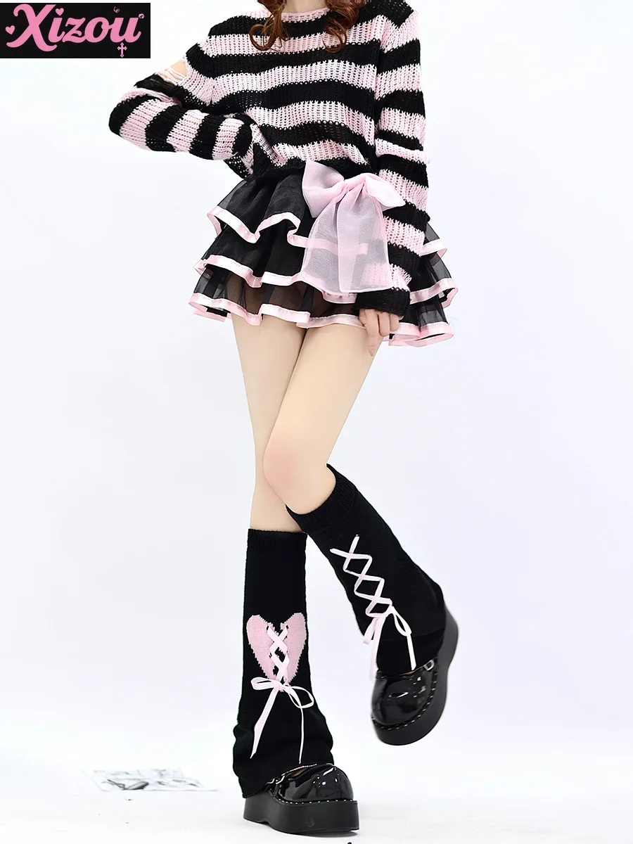 

Japanese Original Sweet and Cool Babes Pile Jk Soft Girl Wide-leg Socks Y2 Subculture Lace-up Bow Love Lolita Leg Cover Women