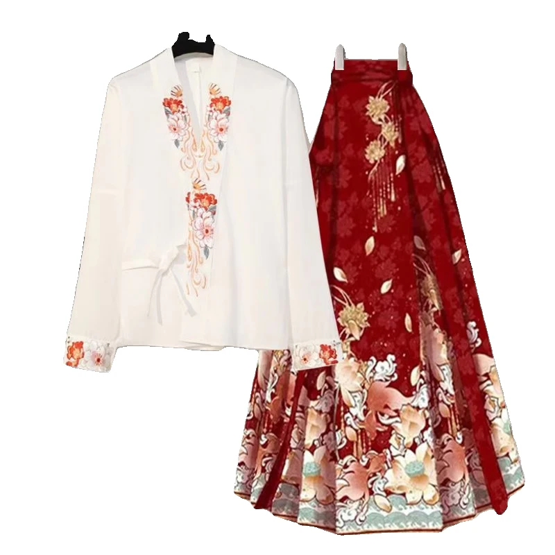 Red Chinese Style Women's Shirt New Version Lazy Hanfu Skirt Autumn 2026 High-End Feel Small Audience  Tailed Half Skirt