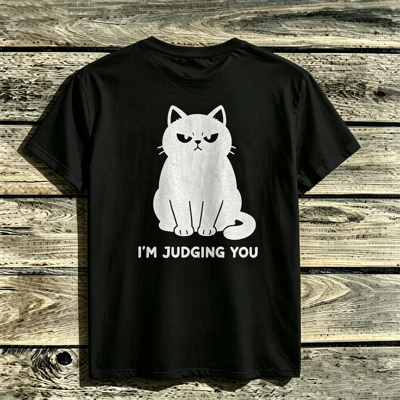 Nouveau T-shirt unisexe 2026 à manches courtes avec motif chat noir mignon 'Judging You' et chat coquin, en coton doux, style vintage décontracté, idéal pour l'été, pour les fans d'animaux.